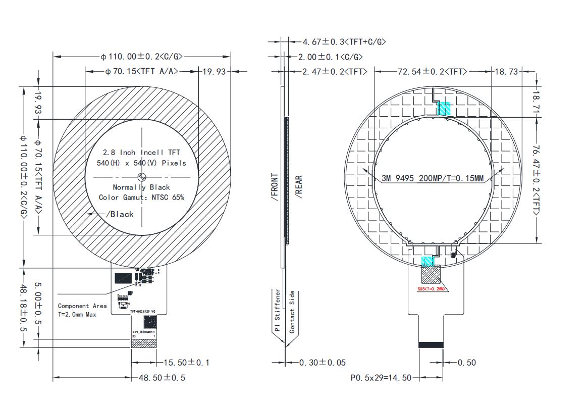 2.8" Round TFT LCD With Cover Lens 540x540 In-cell Display MIPI DSI Interface
